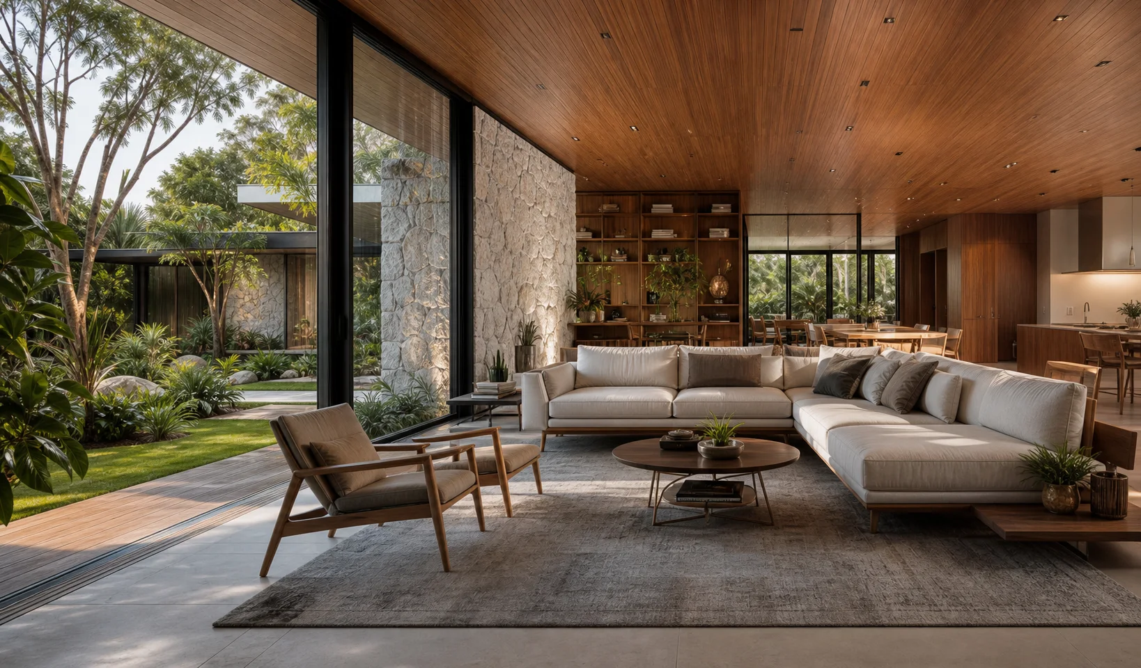 Sala de estar contemporânea integrada a um jardim
