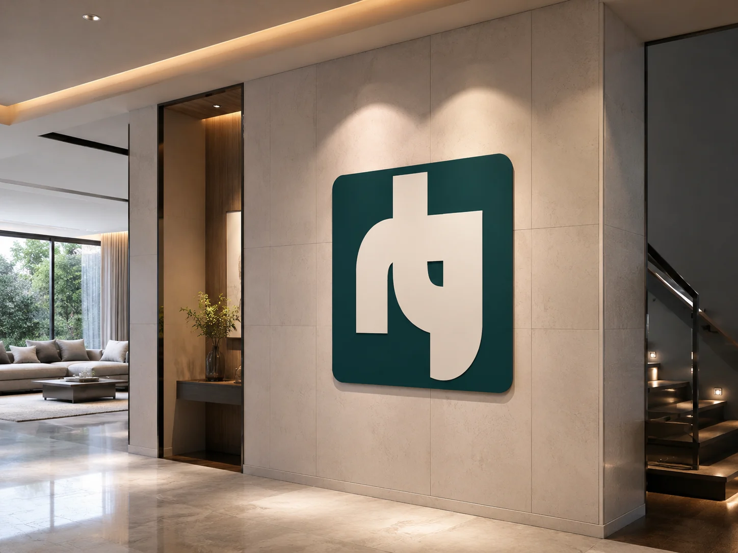 Logo da RTJ aplicado em uma parede de ambiente arquitetônico